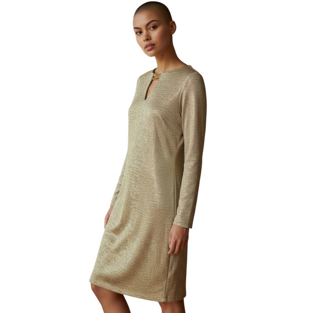 NWT Vince Camuto Gold Metallic Knit Keyhole Long Sleeve Dress Size 8